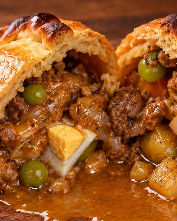 A beef salteña opened to show the juicy filling