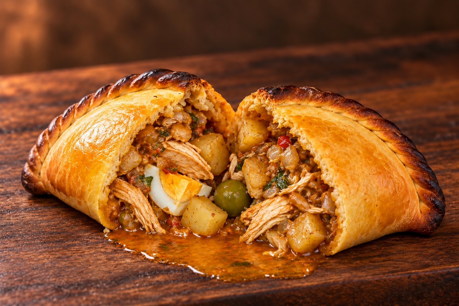 A chicken salteña cut open
