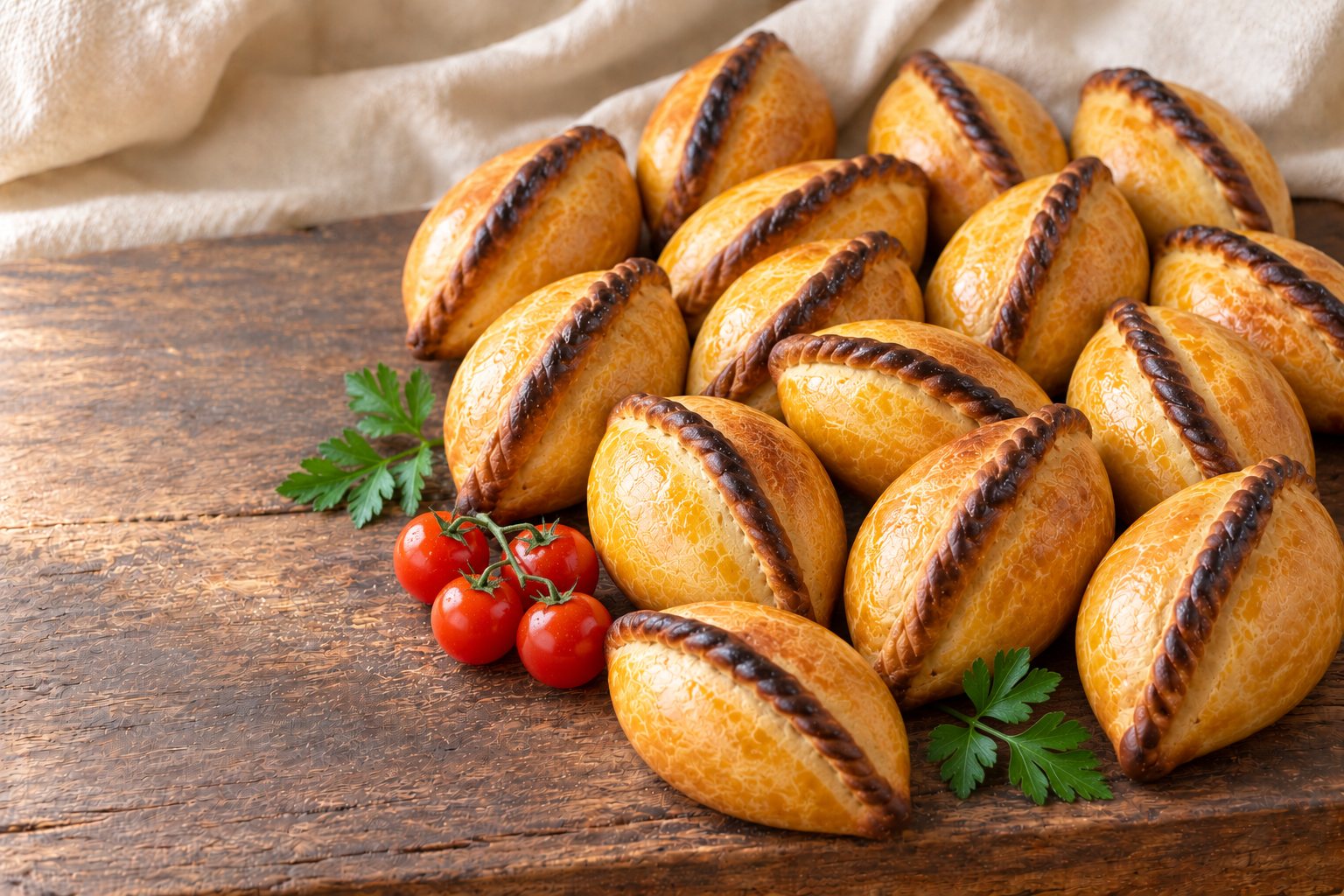 Golden salteñas on a dark wood board