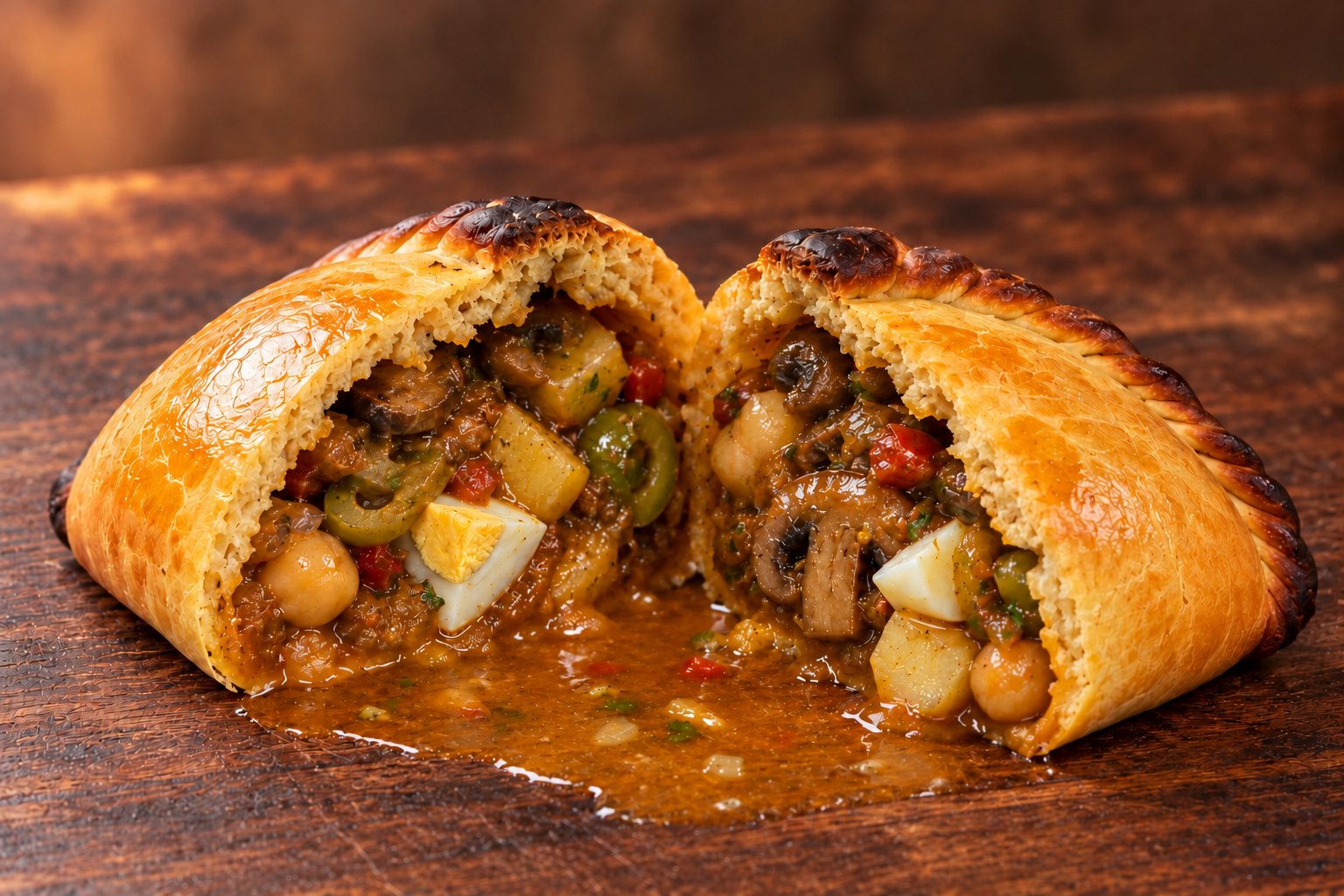 A veggie salteña cut open
